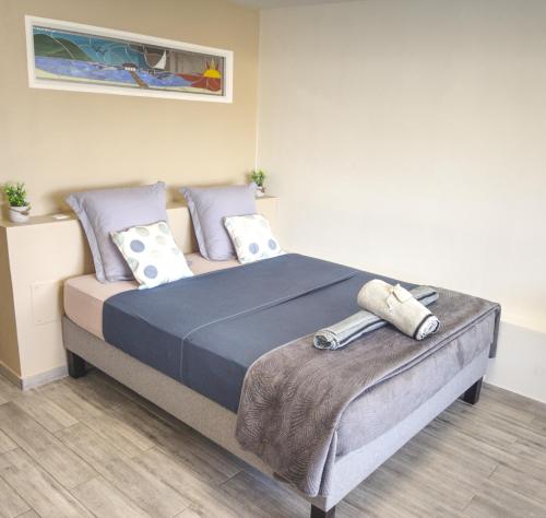 皮特尔角城C l e a n & N e w - cosy flat marina PAP Gosier的一间卧室配有一张大床,提供蓝色的床单和枕头