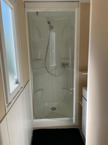 拉罗克当泰龙Mobil-Home des Iscles的浴室里设有玻璃门淋浴