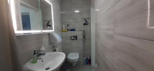 根尼斯迪亚斯Apartman for You的白色的浴室设有水槽和卫生间。