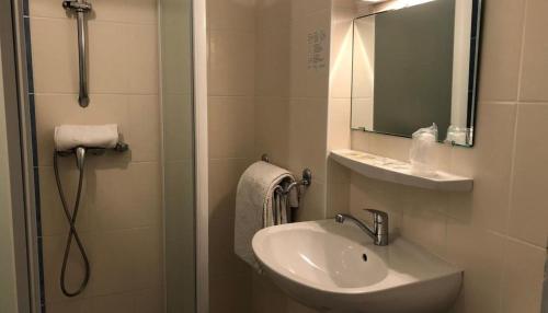 拉马莱恩Hôtel-Bar l'Embarcadère的浴室配有盥洗盆和带镜子的淋浴