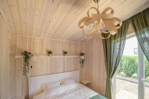 察尔尼卡瓦EPA Brīvdienu mājiņa的一间卧室设有一张床,天花板设有窗户