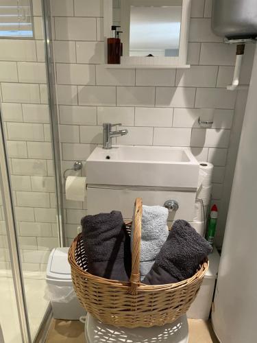 荷尼湾Imperial House Holiday Let的浴室提供毛巾篮和水槽