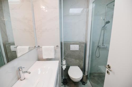 贝尔格莱德Hotel Slavija Lux的浴室配有卫生间、盥洗盆和淋浴。
