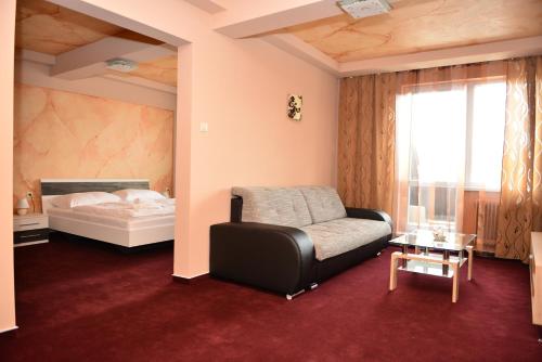 布雷兹诺杜姆别尔酒店的一间卧室配有一张床、一张沙发和一张桌子