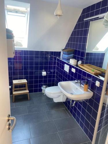 诺尔多夫Nolte Faarderhuuch 7的蓝色瓷砖浴室设有卫生间和水槽