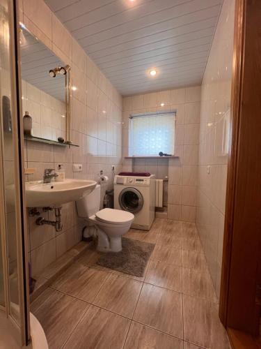 考纳斯Private room, private bathroom, private entrance in private house的浴室配有卫生间水槽和洗衣机。