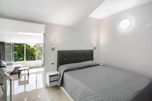 马斯帕洛马斯Bungalow Mar Azul的一间卧室配有一张床、一张书桌和一个窗户。