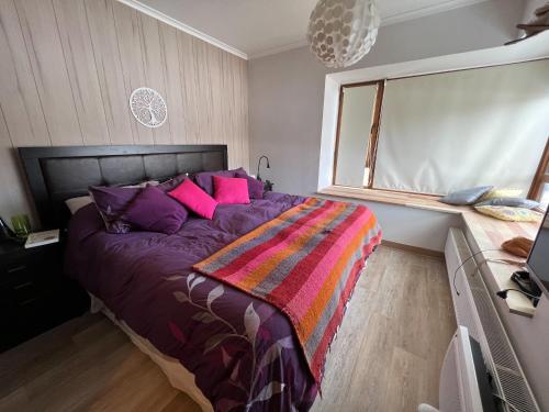巴耶内瓦Departamento Valle Nevado Ski Resort Chile Ski in - Ski out的卧室配有一张大紫色床和粉红色枕头