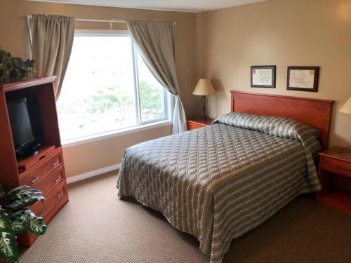 莱斯布里奇Paradise Canyon Golf Resort, Luxury Villa 409的一间卧室配有一张床、一台电视和一个窗口