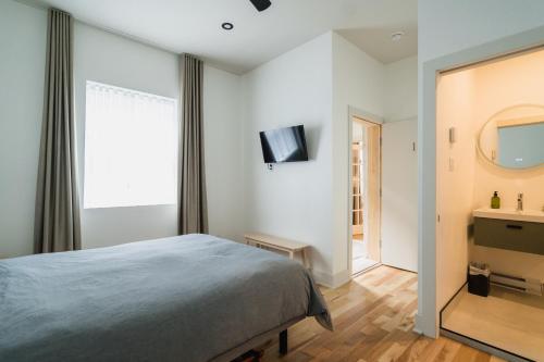 蒙特利尔Bed and Breakfast du Village BBV的一间卧室配有一张床、镜子和电视