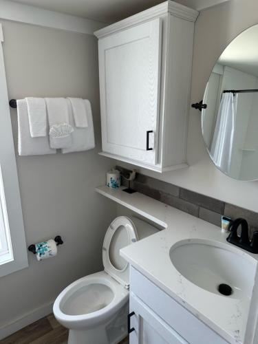 格尔夫海岸Gulf Shores RV Resort的一间带水槽、卫生间和镜子的浴室