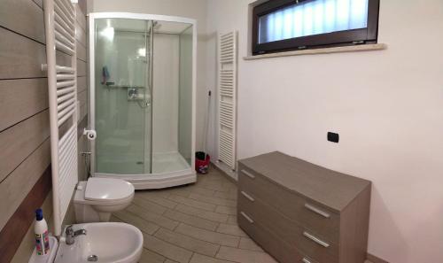 卡斯塔涅托卡尔杜奇Mini appartamento in campagna的浴室配有卫生间、盥洗盆和淋浴。