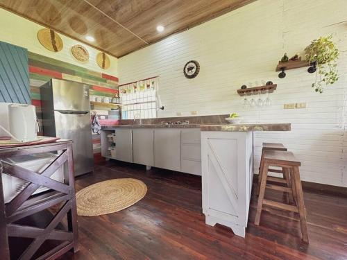 Aguas ZarcasCasa de Campo Riachuelo Verde的一间厨房,内设白色橱柜和柜台