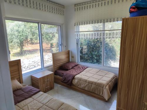 阿杰隆Chalets in the middle of Ajloun forests شاليه و مزرعة في وسط غابات عجلون的一间卧室设有一张床和一个大窗户