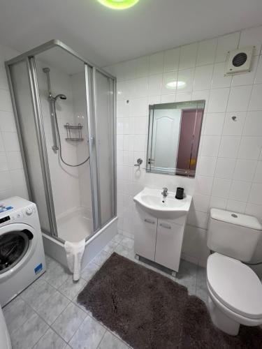 里加Swedish Gate Apartment in Old Town的带淋浴、卫生间和盥洗盆的浴室