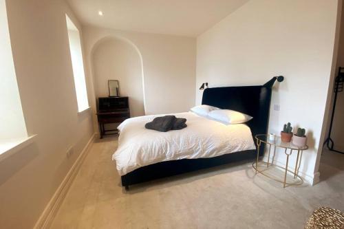 布莱克罗克Luxurious 2 bedroom apartment with sea view in Monkstown的一间卧室配有一张床和一张桌子