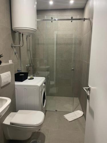 尼什Leo Lux 2的带淋浴、卫生间和盥洗盆的浴室