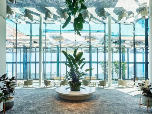 横滨三井花园酒店 横滨港未来普米尔(Mitsui Garden Hotel Yokohama Minatomirai Premier)的大房间,有植物和大窗户