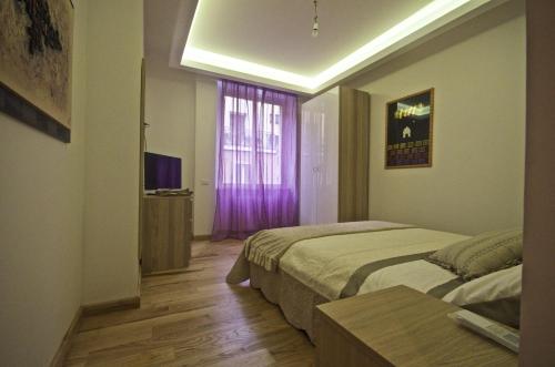 罗马皮拉米蒂公寓的一间卧室设有两张床和一个带紫色窗帘的窗户。