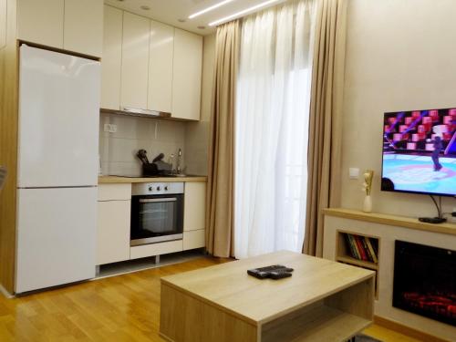 兹拉蒂博尔Anja的一间带白色冰箱和电视的厨房
