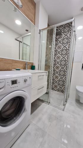 罗兹Silver Apartments - Orientarium,Aquapark Fala & Park的带淋浴的浴室内的洗衣机