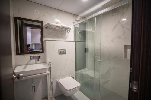 海得拉巴Hotel Silver Clé的带淋浴、卫生间和盥洗盆的浴室
