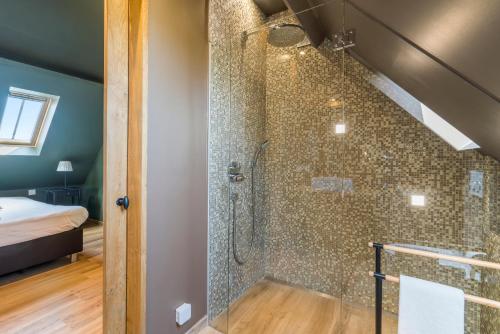 布鲁日霍伊夫德祖德霍克度假屋的带淋浴的浴室和玻璃门