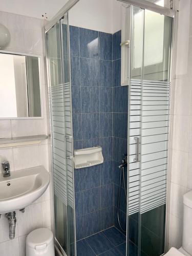纳乌萨瓦瓦诺斯公寓的带淋浴、卫生间和盥洗盆的浴室