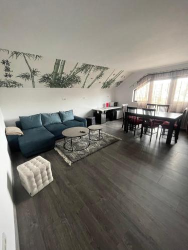 苏恰瓦Eroilor II Apartament的客厅配有蓝色的沙发和桌子
