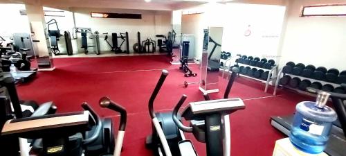朱巴Juba Landmark Hotel的一间铺有红色地板并配有成排机器的健身房