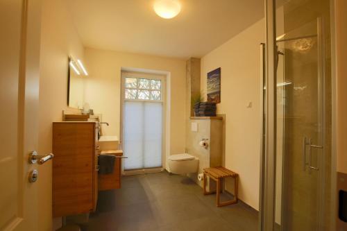 万根沃格Landhaus Lindenhof Turmblick的一间带卫生间、水槽和窗户的浴室