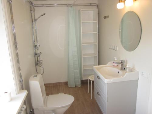 KumlaHuldas Gård的一间带水槽、卫生间和镜子的浴室