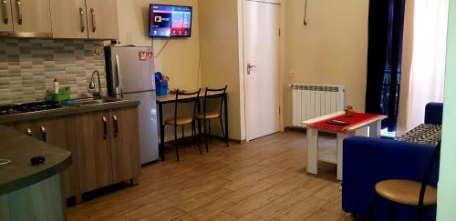 第比利斯tamunas apartment的厨房配有冰箱和桌椅
