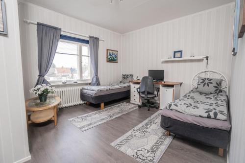 皮耶塔尔萨里Iso ja viihtyisä asunto Pietarsaaressa的一间卧室配有一张床、一张书桌和一张书桌