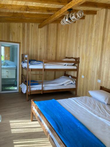 瓦勒博内Bujtina Arturi的一间卧室设有两张双层床和一扇窗户。