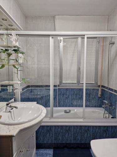 拉科萨Apartamento Raxobrisamar的带淋浴、盥洗盆和浴缸的浴室