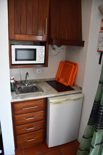 米尔芳提斯城Alojamentos Vitinho - Vila Nova Milfontes的一间带水槽和微波炉的小厨房