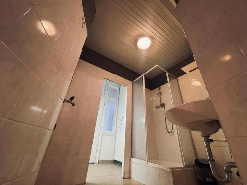 维也纳Venus Apartment的带淋浴和盥洗盆的浴室以及窗户。