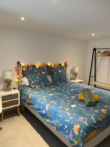 乐罗夫Nouveau cabanon L ilette vue mer calanque de Niolon的一间卧室配有一张带蓝色棉被的床