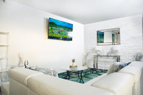 巴斯特尔La Vue de Basseterre Apartments - Luxury in Bird Rock的客厅配有2张白色沙发和壁炉