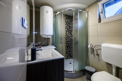巴拉顿凯奈谢Fekete Orchidea Apartman的一间带水槽、淋浴和卫生间的浴室