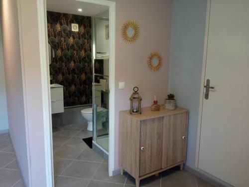 Saint-Paulla maison des taillis的一间带卫生间和木制橱柜的浴室