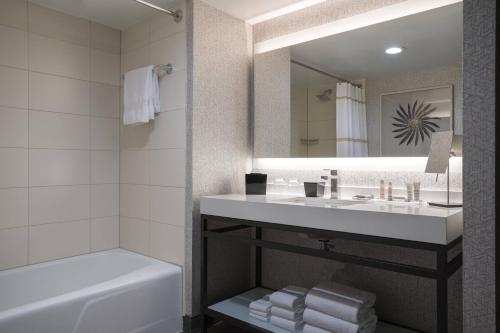 绍姆堡芝加哥绍姆堡万豪酒店的一间带水槽、浴缸和镜子的浴室