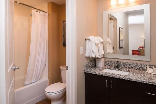查尔斯顿TownePlace Suites by Marriott Charleston-West Ashley的一间带卫生间、水槽和镜子的浴室