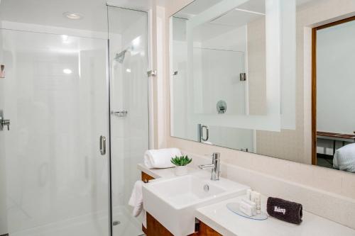 查尔斯顿查尔斯顿芒特普莱森特春季山丘套房万豪酒店的白色的浴室设有水槽和淋浴。