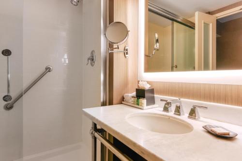 塔里敦塔里敦喜来登酒店的一间带水槽、淋浴和镜子的浴室