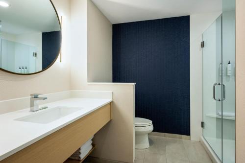 北湾Fairfield by Marriott Inn & Suites North Bay的一间带水槽、卫生间和镜子的浴室