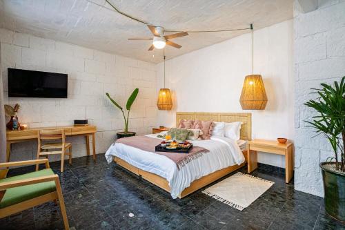 瓦哈卡市HOLT - Villa Noria - La Casa del Barro Verde的一间卧室配有一张床、一张书桌和一台电视。