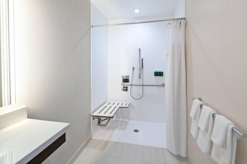 埃斯孔迪多SpringHill Suites by Marriott Escondido Downtown的带淋浴和盥洗盆的白色浴室