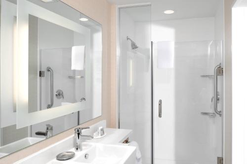 威奇托威奇托机场万豪春季山丘套房酒店的一间带水槽、淋浴和镜子的浴室